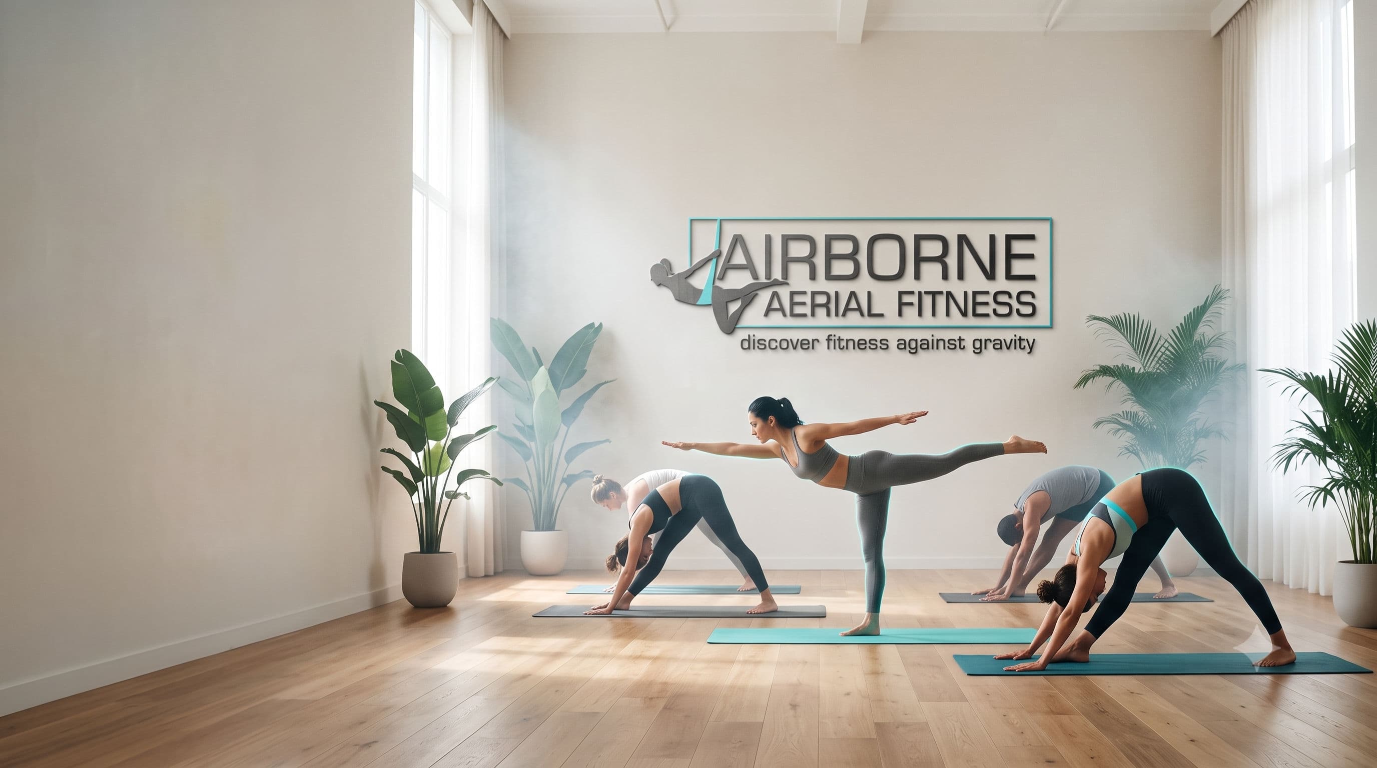 An Airborne aerialist suspended against a dark, cinematic studio backdrop